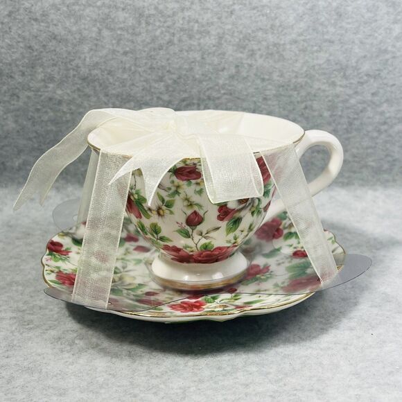 Grace's Teaware Floral Roses Chintz Cottage Chic Teacup and Saucer Set Gold NEW - Picture 1 of 11